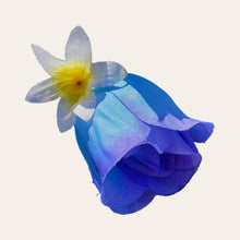 Load image into Gallery viewer, Blue Rosebud and Cream Calla Lily Memorial Decoration set: includes 1 headstone saddle & 2 cemetery cones