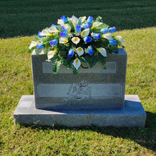 Load image into Gallery viewer, Blue Rosebud and Cream Calla Lily Headstone Saddle Memorial Decoration