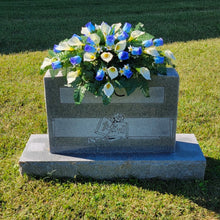 Load image into Gallery viewer, Blue Rosebud and Cream Calla Lily Memorial Decoration set: includes 1 headstone saddle & 2 cemetery cones