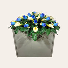 Load image into Gallery viewer, Blue Rosebud and Cream Calla Lily Memorial Decoration set: includes 1 headstone saddle & 2 cemetery cones