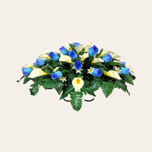Load image into Gallery viewer, Blue Rosebud and Cream Calla Lily Memorial Decoration set: includes 1 headstone saddle & 2 cemetery cones