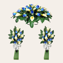 Load image into Gallery viewer, Blue Rosebud and Cream Calla Lily Memorial Decoration set: includes 1 headstone saddle & 2 cemetery cones