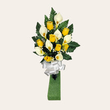 Load image into Gallery viewer, Yellow Rosebud and Cream Calla Lily Memorial Decoration set: includes 1 headstone saddle & 2 cemetery cones