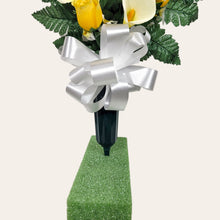 Load image into Gallery viewer, Yellow Rosebud and Cream Calla Lily Memorial Decoration set: includes 1 headstone saddle & 2 cemetery cones