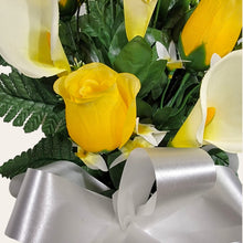 Load image into Gallery viewer, Yellow Rosebud and Cream Calla Lily Memorial Decorations: Includes 2 cemetery cones
