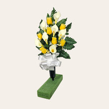 Load image into Gallery viewer, Yellow Rosebud and Cream Calla Lily Memorial Decorations: Includes 2 cemetery cones