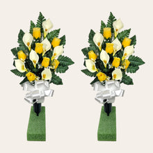 Load image into Gallery viewer, Yellow Rosebud and Cream Calla Lily Memorial Decoration set: includes 1 headstone saddle & 2 cemetery cones