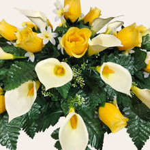 Load image into Gallery viewer, Yellow Rosebud and Cream Calla Lily Memorial Decoration set: includes 1 headstone saddle & 2 cemetery cones