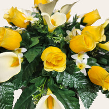 Load image into Gallery viewer, Yellow Rosebud and Cream Calla Lily Memorial Decoration set: includes 1 headstone saddle & 2 cemetery cones