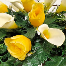 Load image into Gallery viewer, Yellow Rosebud and Cream Calla Lily Memorial Decoration set: includes 1 headstone saddle & 2 cemetery cones