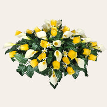 Load image into Gallery viewer, Yellow Rosebud and Cream Calla Lily Headstone Saddle Memorial Decoration
