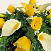 Load image into Gallery viewer, Yellow Rosebud and Cream Calla Lily Headstone Saddle Memorial Decoration