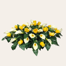 Load image into Gallery viewer, Yellow Rosebud and Cream Calla Lily Headstone Saddle Memorial Decoration