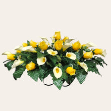 Load image into Gallery viewer, Yellow Rosebud and Cream Calla Lily Memorial Decoration set: includes 1 headstone saddle & 2 cemetery cones