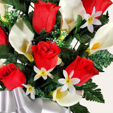 Load image into Gallery viewer, Red Rosebud and Cream Calla Lily Cemetery Cone Memorial Decoration