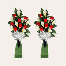 Load image into Gallery viewer, Red Rosebud and Cream Calla Lily Memorial Decoration set: includes 1 headstone saddle & 2 cemetery cones