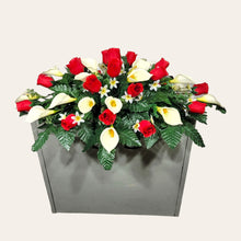 Load image into Gallery viewer, Red Rosebud and Cream Calla Lily Memorial Decoration set: includes 1 headstone saddle & 2 cemetery cones