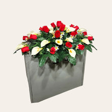Load image into Gallery viewer, Red Rosebud and Cream Calla Lily Headstone Saddle Memorial Decoration