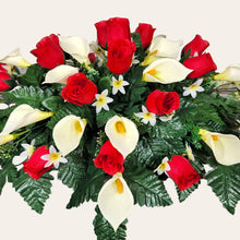 Load image into Gallery viewer, Red Rosebud and Cream Calla Lily Memorial Decoration set: includes 1 headstone saddle & 2 cemetery cones