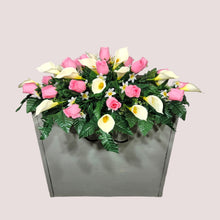Load image into Gallery viewer, Baby Pink Rosebud and Cream Calla Lily Headstone Saddle Memorial Decoration