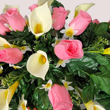 Load image into Gallery viewer, Baby Pink Rosebud and Cream Calla Lily Headstone Saddle Memorial Decoration