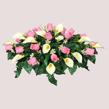 Load image into Gallery viewer, Baby Pink Rosebud and Cream Calla Lily Headstone Saddle Memorial Decoration