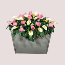 Load image into Gallery viewer, Baby Pink Rosebud and Cream Calla Lily Memorial Decoration set: includes 1 headstone saddle & 2 cemetery cones