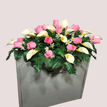 Load image into Gallery viewer, Baby Pink Rosebud and Cream Calla Lily Headstone Saddle Memorial Decoration