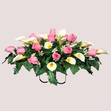 Load image into Gallery viewer, Baby Pink Rosebud and Cream Calla Lily Headstone Saddle Memorial Decoration