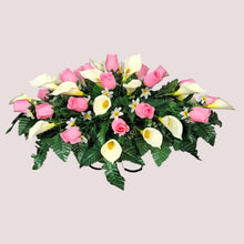 Load image into Gallery viewer, Baby Pink Rosebud and Cream Calla Lily Memorial Decoration set: includes 1 headstone saddle & 2 cemetery cones