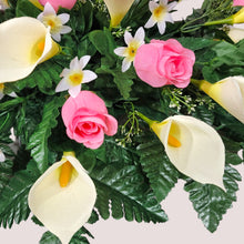 Load image into Gallery viewer, Baby Pink Rosebud and Cream Calla Lily Headstone Saddle Memorial Decoration