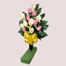Load image into Gallery viewer, Baby Pink Rosebud and Cream Calla Lily Memorial Decorations: Includes 2 Cemetery Cones