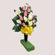Load image into Gallery viewer, Baby Pink Rosebud and Cream Calla Lily Cemetery Cone Memorial Decoration