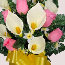 Load image into Gallery viewer, Baby Pink Rosebud and Cream Calla Lily Memorial Decorations: Includes 2 Cemetery Cones