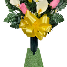 Load image into Gallery viewer, Baby Pink Rosebud and Cream Calla Lily Memorial Decoration set: includes 1 headstone saddle & 2 cemetery cones