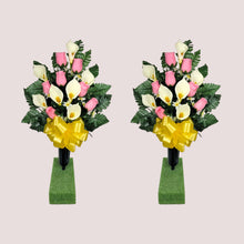 Load image into Gallery viewer, Baby Pink Rosebud and Cream Calla Lily Memorial Decoration set: includes 1 headstone saddle & 2 cemetery cones