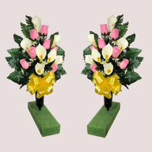 Load image into Gallery viewer, Baby Pink Rosebud and Cream Calla Lily Memorial Decorations: Includes 2 Cemetery Cones