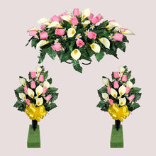 Load image into Gallery viewer, Baby Pink Rosebud and Cream Calla Lily Memorial Decoration set: includes 1 headstone saddle & 2 cemetery cones