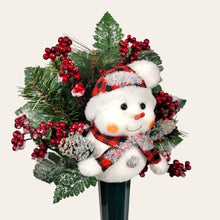 Load image into Gallery viewer, This cemetery cone pair comes with a cute smiling snowman, red berries, and a stocking cap. It is 2 Christmas memorial decorations.