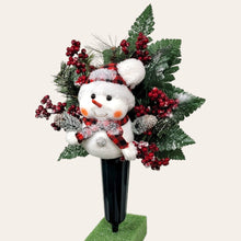 Load image into Gallery viewer, This cemetery cone pair comes with a cute smiling snowman, red berries, and a stocking cap. It is 2 Christmas memorial decorations.