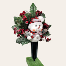 Load image into Gallery viewer, This cemetery cone pair comes with a cute smiling snowman, red berries, and a stocking cap. It is 2 Christmas memorial decorations.