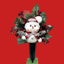 Load image into Gallery viewer, This cemetery cone pair comes with a cute smiling snowman, red berries, and a stocking cap. It is 2 Christmas memorial decorations.