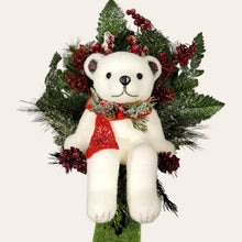 Load image into Gallery viewer, This Christmas memorial cone pair comes with a sitting bear, frosted berries, and red glitter pinecones. It is 2 funeral or cemetery decorations.