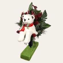 Load image into Gallery viewer, This Christmas memorial cone pair comes with a sitting bear, frosted berries, and red glitter pinecones. It is 2 funeral or cemetery decorations.