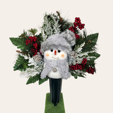 Load image into Gallery viewer, This cemetery cone comes with a cute smiling snowman, red berries, and a gray stocking cap. It is a Christmas memorial decoration.