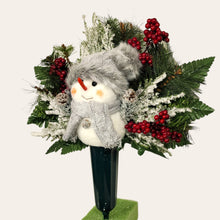 Load image into Gallery viewer, This cemetery cone comes with a cute smiling snowman, red berries, and a gray stocking cap. It is a Christmas memorial decoration.