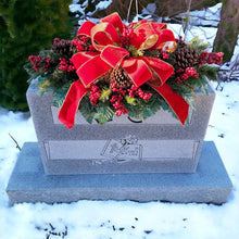 Load image into Gallery viewer, Christmas Cemetery Saddle has winter pine greenery, berries, and pinecones. This is a funeral or winter memorial decoration.