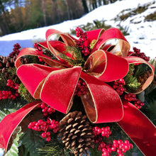 Load image into Gallery viewer, Christmas Cemetery Saddle has winter pine greenery, berries, and pinecones. This is a funeral or winter memorial decoration.