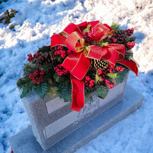 Load image into Gallery viewer, Christmas Cemetery Saddle has winter pine greenery, berries, and pinecones. This is a funeral or winter memorial decoration.