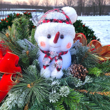 Load image into Gallery viewer, This Chubby Snowman Christmas cemetery saddle has greenery and a red velvet bow. It is a winter memorial decoration.